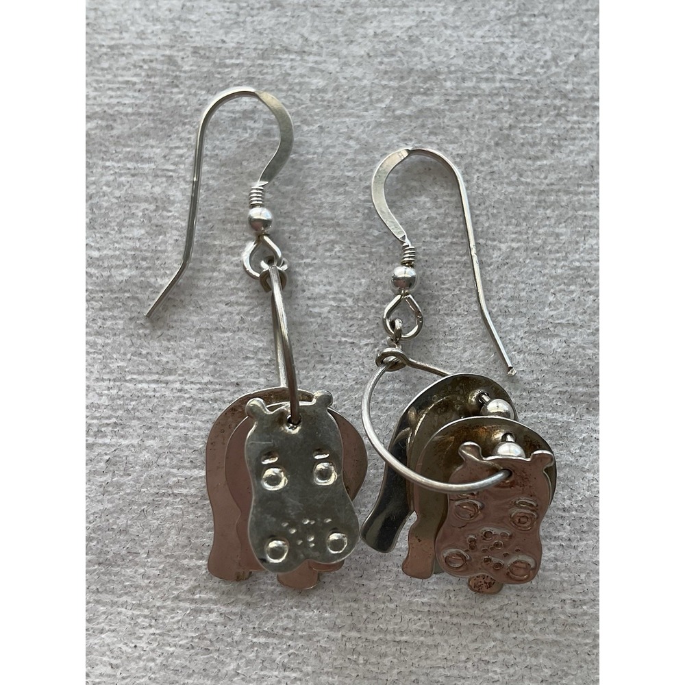 925 Sterling Silver Dangle Earrings Layered Hippo Charms Vintage Estate Jewelry